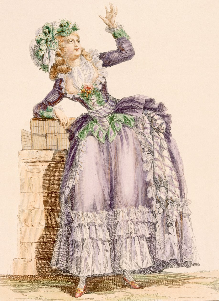 Damekjole i lilla og grønn taft med matchende panser, gravert av Dupin, fra 'Galeries des Modes et Costumes Francais', ca. 1778-87 av Francois Louis Joseph Watteau