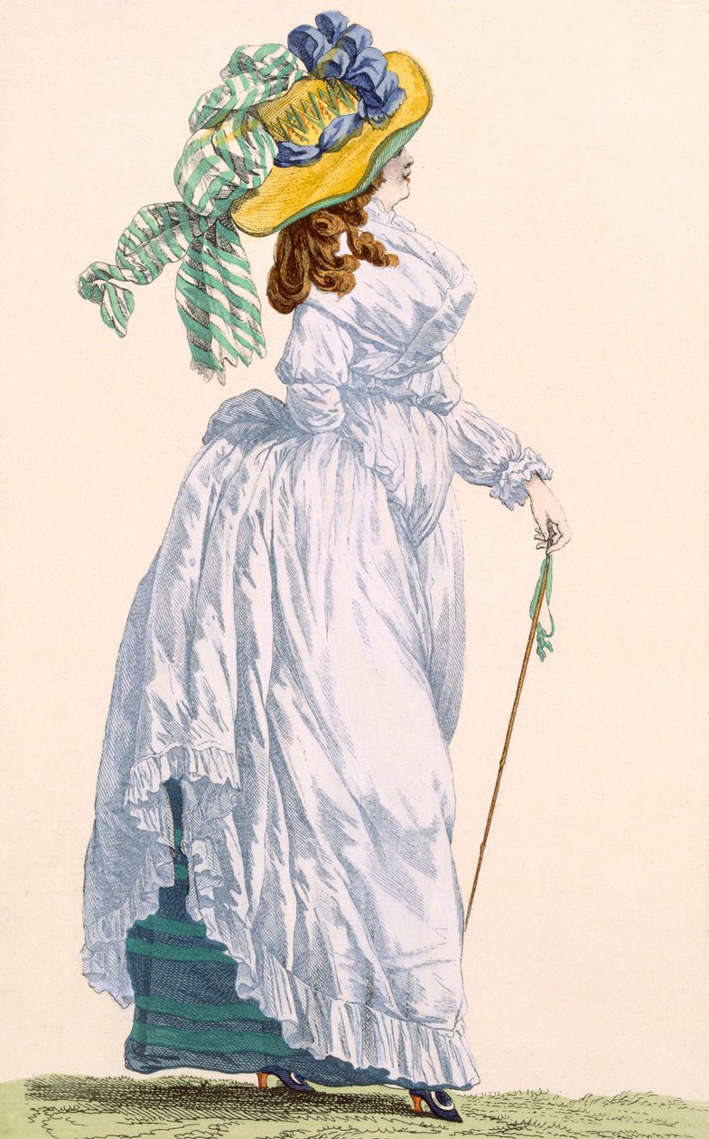 Himmelblå promenadekjole med grønt underskjørt, gravert av Le Beau, plate nr.252 fra 