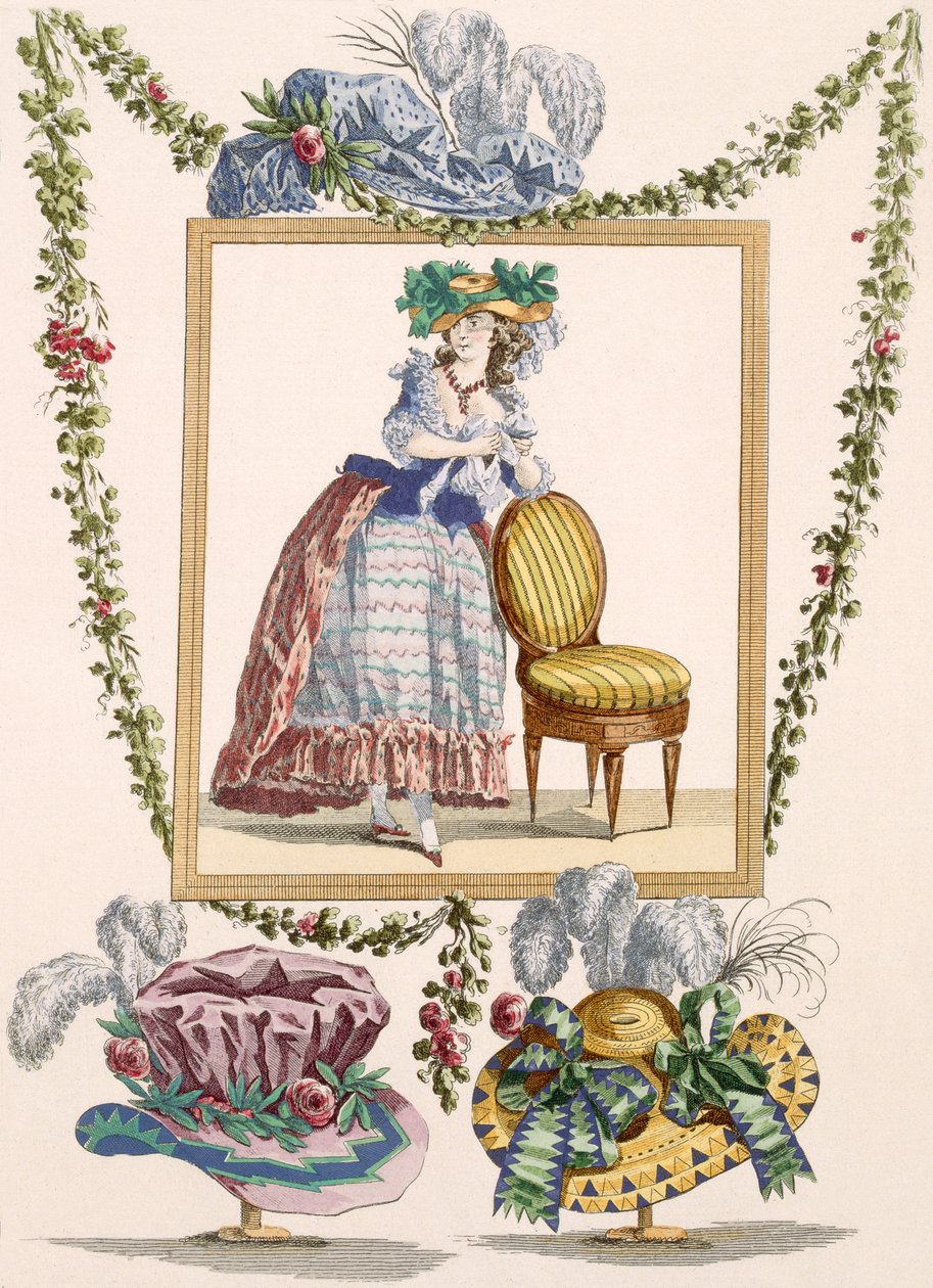 Kvinne i elegant dagskjole med hatt, gravering av Duhamel, plate nr. 235 fra 