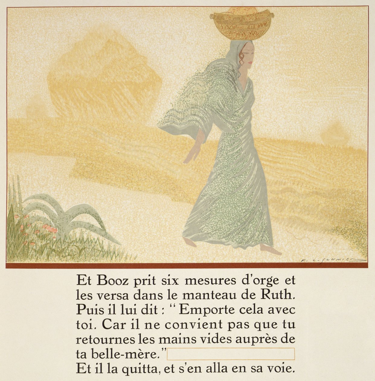 Boas ga Ruth seks mål bygg å ta til svigermoren, fra 'Ruth et Booz', oversatt av JC Mardrus, utgitt 1930 av Francois Louis Schmied