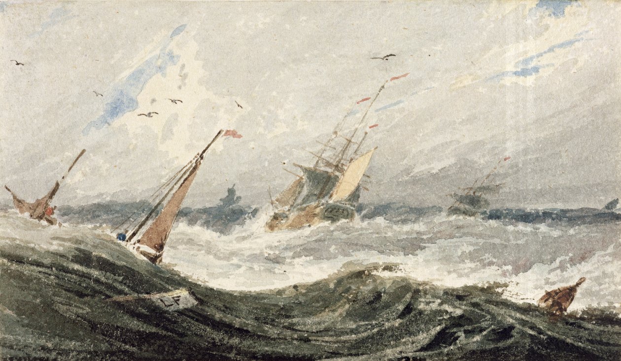 Båter på et stormfullt hav (wc over grafitt på vevd papir) av Francois Louis Thomas Francia