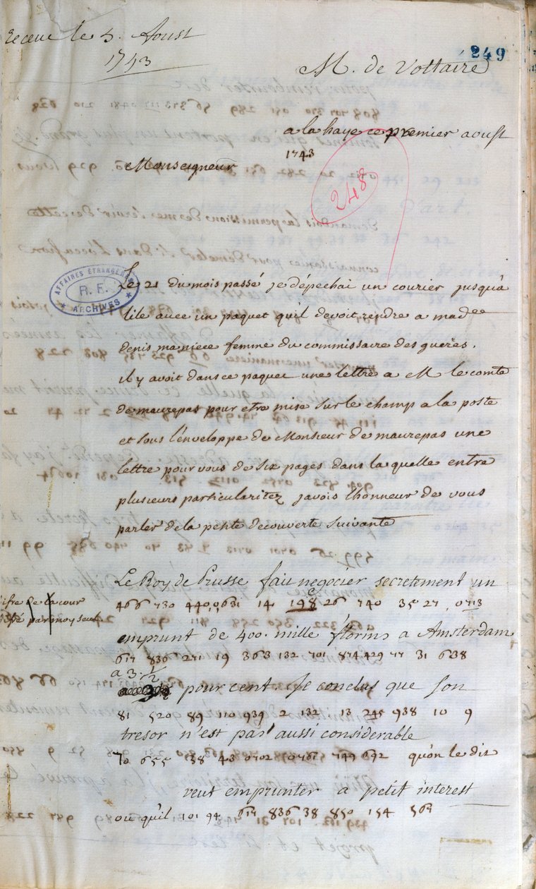Brev skrevet av Voltaire da han jobbet som hemmelig agent i Haag til den franske utenriksministeren i Paris, 1. august 1743 av Francois Marie Arouet Voltaire