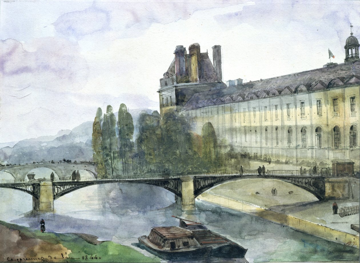 Utsikt over Pavillon de Flore i Louvre, 1844 (penn og blekk og wc på papir) av Francois Marius Granet