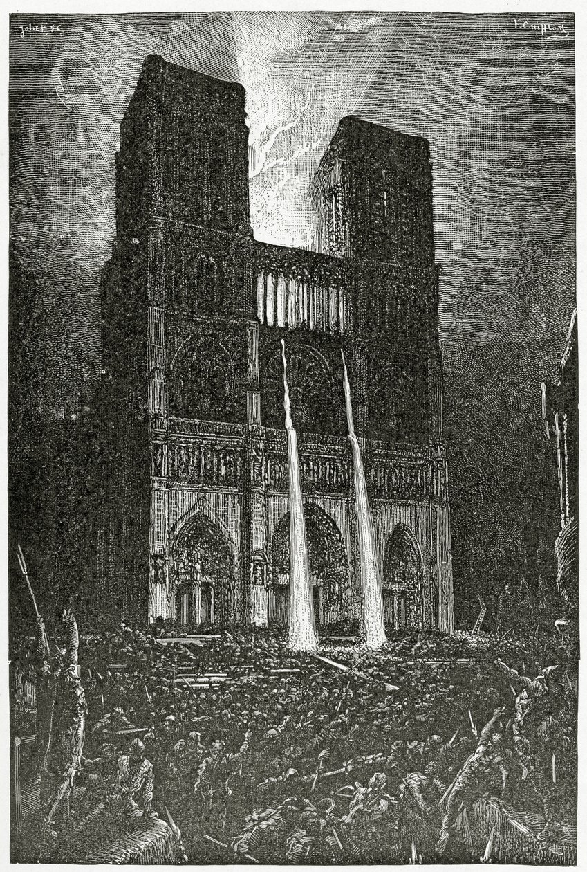 Quasimodo heller kokende olje på hæren av skurker som prøver å redde Esmeralda - illustrasjon fra Notre Dame de Paris, 1800-tallet (bw gravering) av Francois Nicolas Chifflart