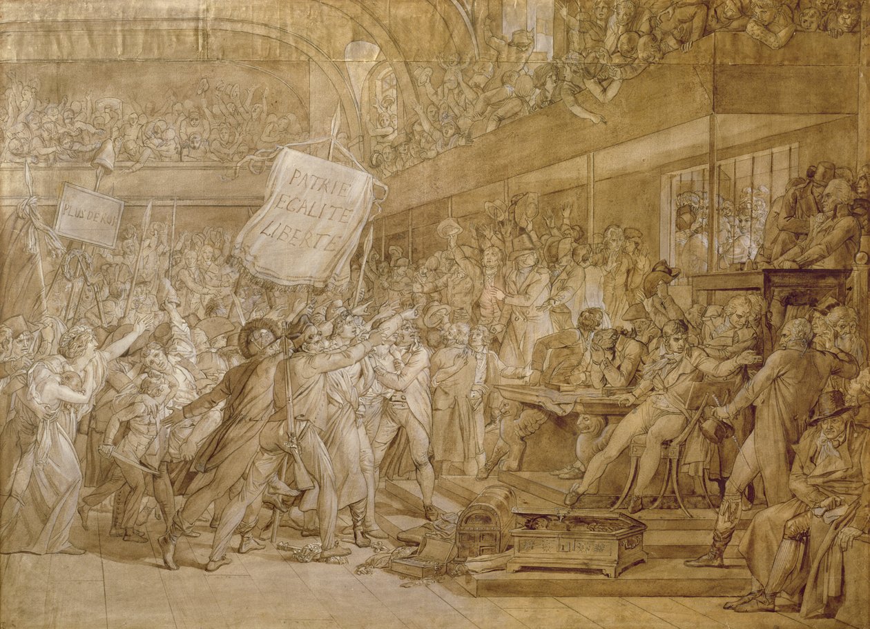 Folket i Paris stormer Tuileriene 10. august 1792 (penn og blekk og vask på papir) av Baron François Pascal Simon Gérard