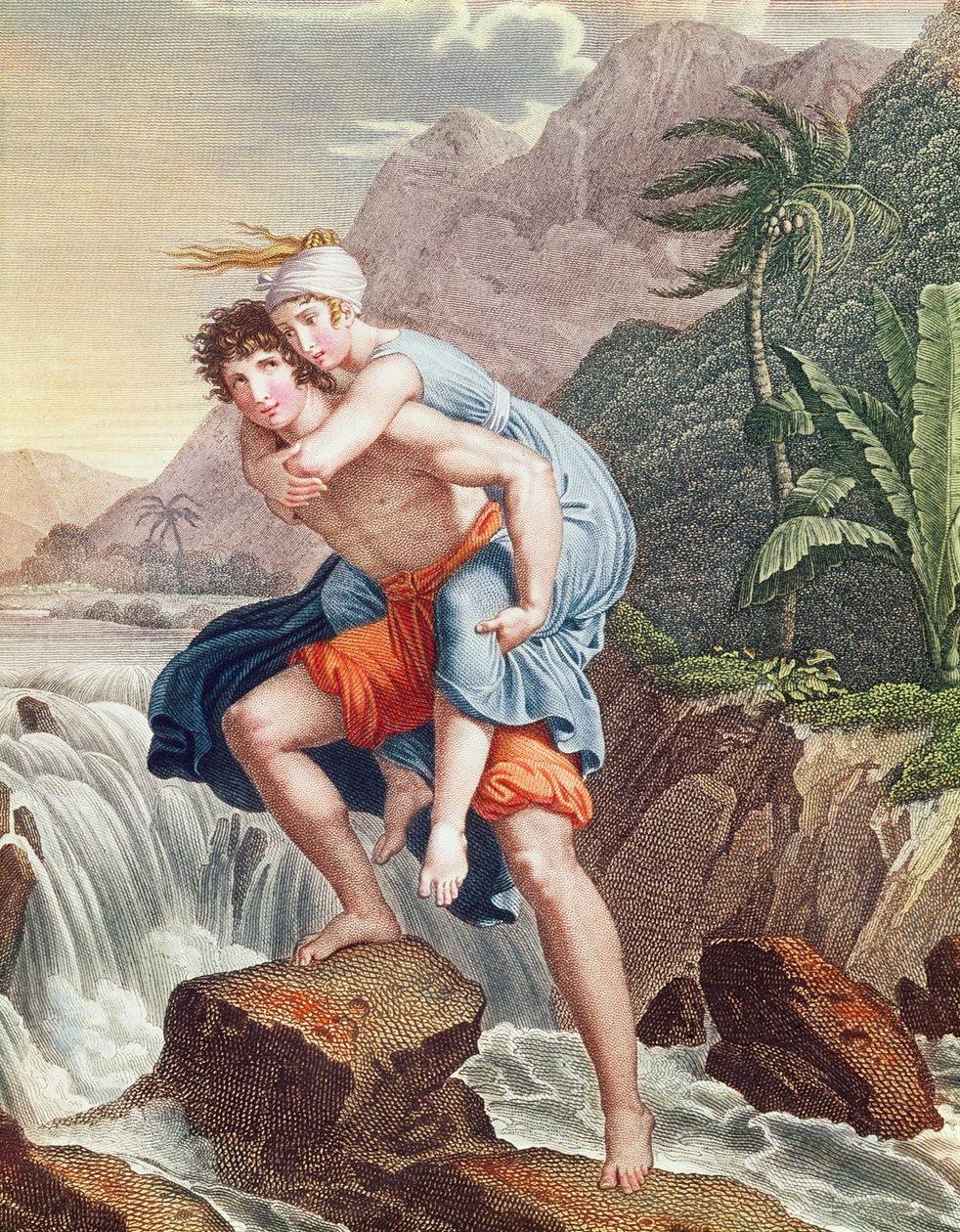 Paul bærer Virginie over elven, 1805 (fargegravering) av Francois Pascal Simon Gerard