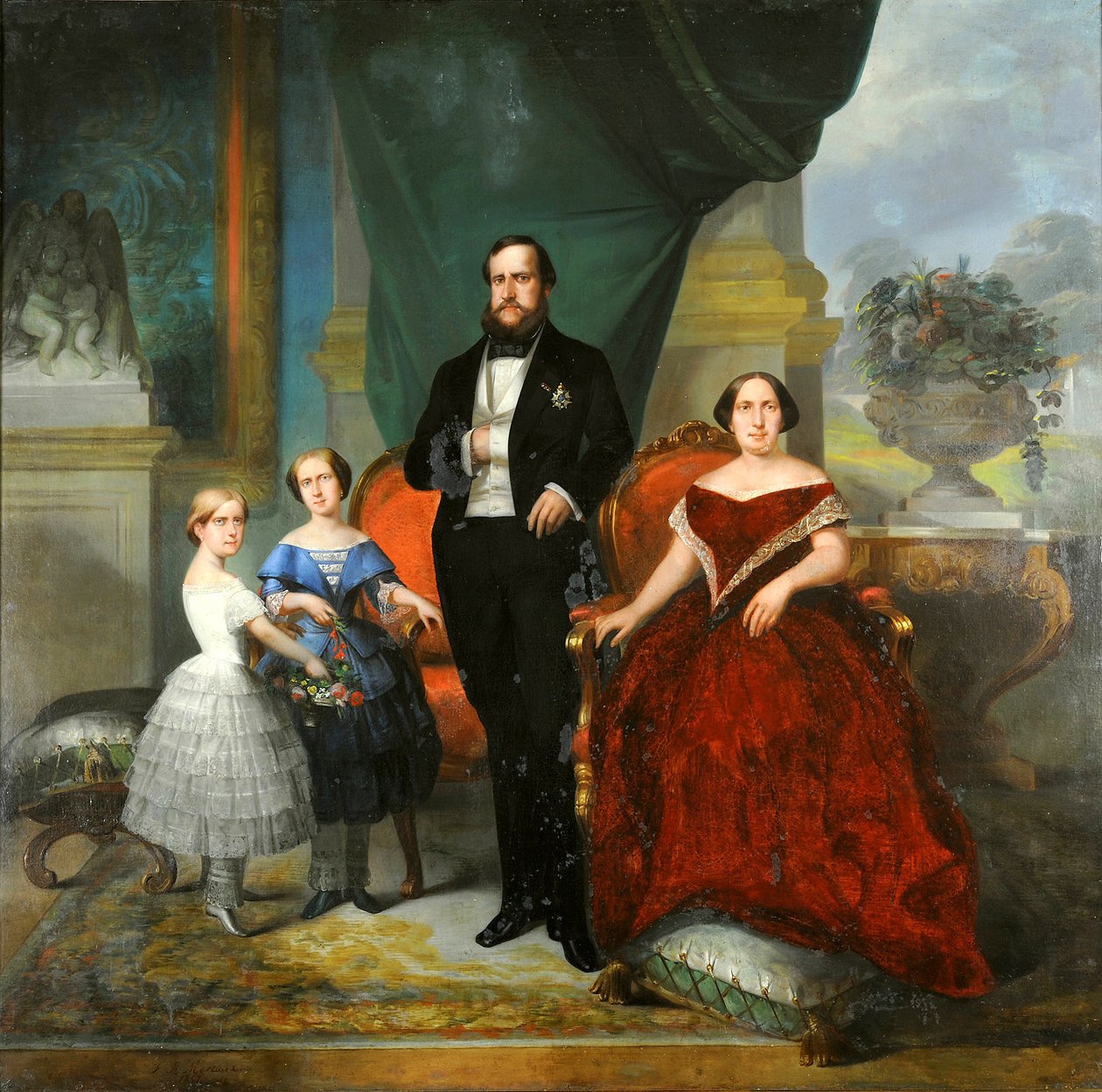 Imperial Family - Keiser Pedro II, kona, Teresa Cristina, og deres døtre, prinsessene Isabel og Leopoldina av Francois Rene Moreau