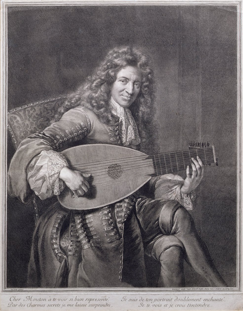 Portrett av Mouton som spiller lut, gravert av Gerard Edelinck (1640-1707) av Jean François de Troy