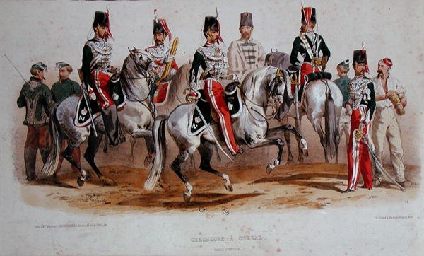 Franske kavalerister på det andre imperiets tid (farge litho) av Francois Hippolyte (after) Lalaisse