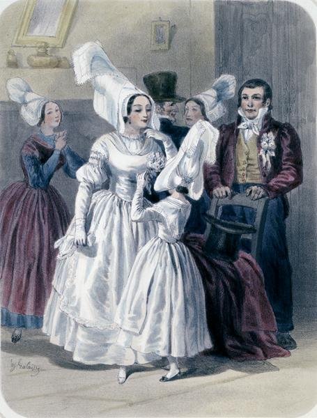 En brud og en jente før hennes første nattverd, fra Nantes og nedre Loire-regionen (farge litho) av Francois Hippolyte Lalaisse