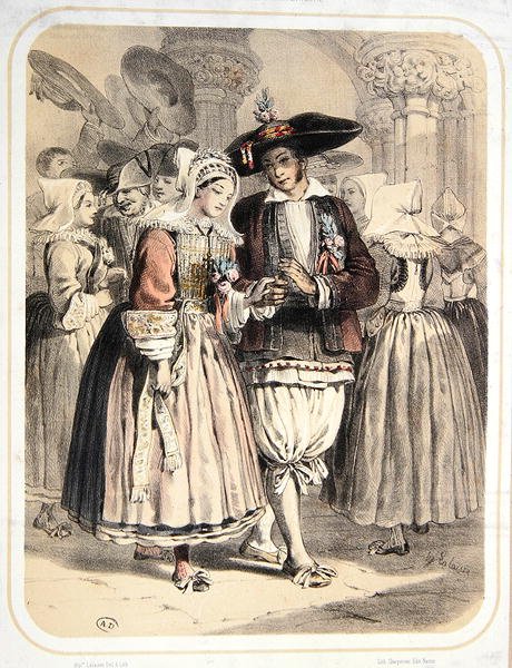 Brud og brudgom fra Saille-regionen, Frankrike, ca. 1850 (farge litho) av Francois Hippolyte Lalaisse