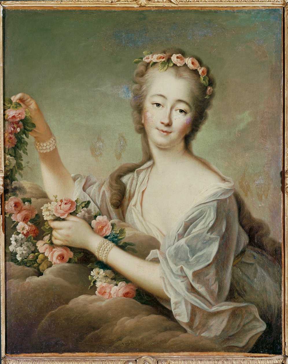 Madame Du Barry, elskerinne til Ludvig XV, som gudinnen Flora … (maleri på lerret) av Francois-Hubert Drouais