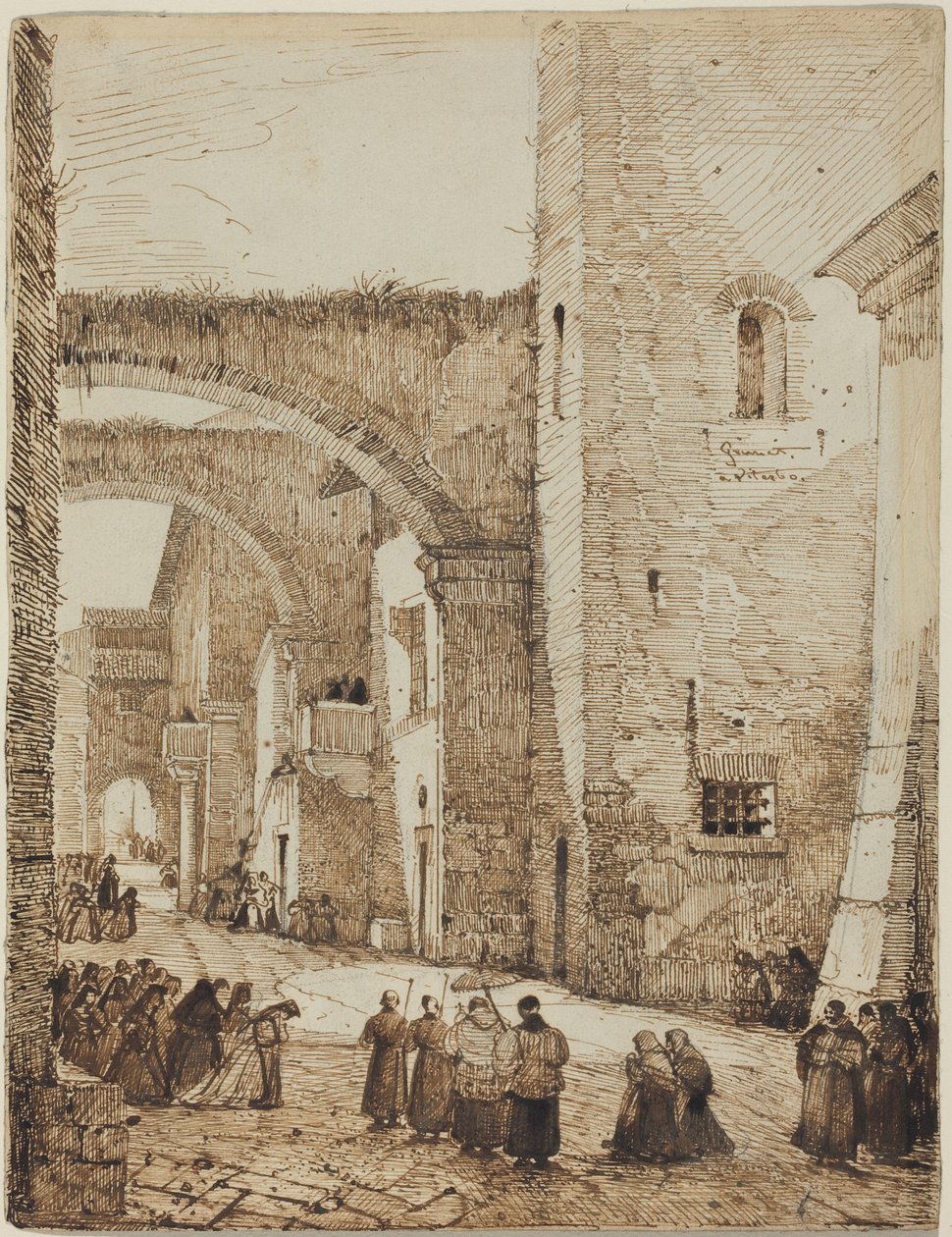 En prest i prosesjon gjennom en middelaldersk gate i Viterbo av Francois-Marius Granet