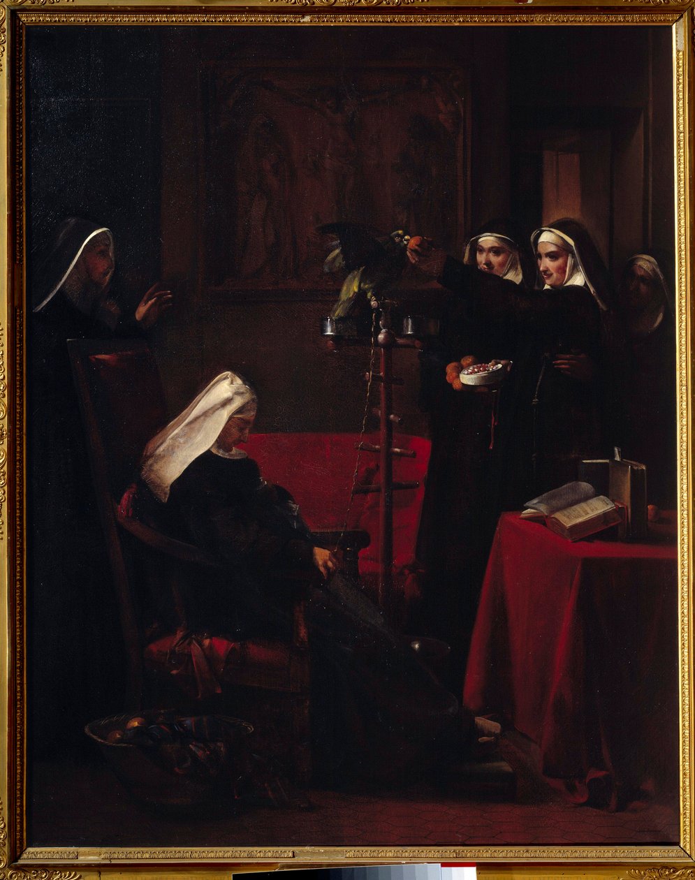 Grønne grønne nonner som gir mat til papegøyen til en sovende nonne. Maleri av Francois Marius Granet (1775-1849) av Francois Marius Granet