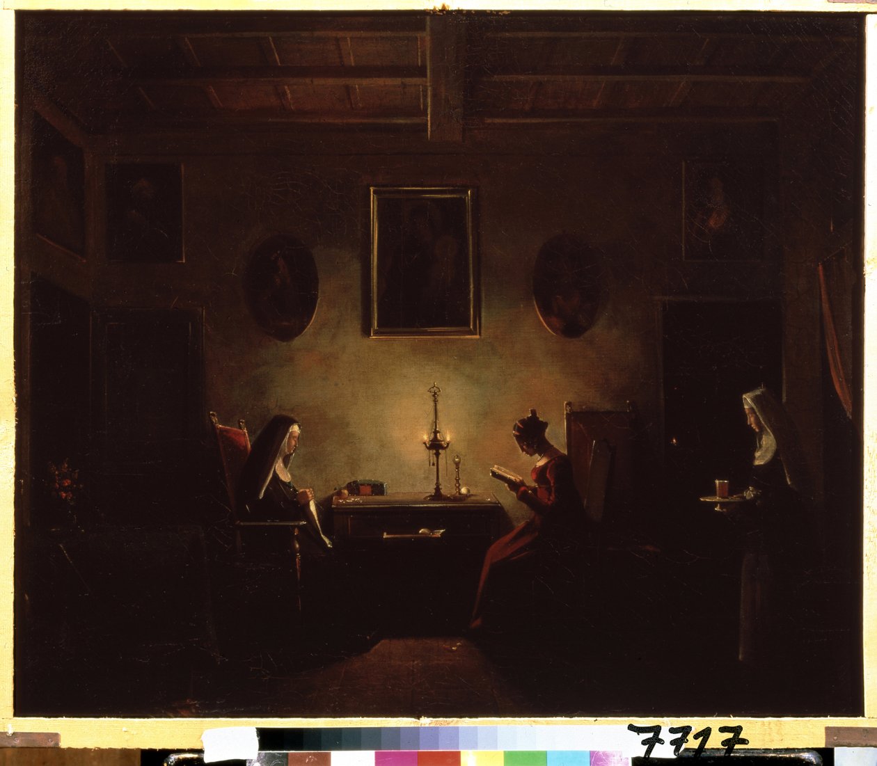 ""Interiør"" Scene i et kloster, en ung jente som leser ved levende lys, to nonner er i rommet. Maleri av Francois Marius Granet (1775-1849) Pushkin-museet fra 1800-tallet, Moskva av Francois Marius Granet