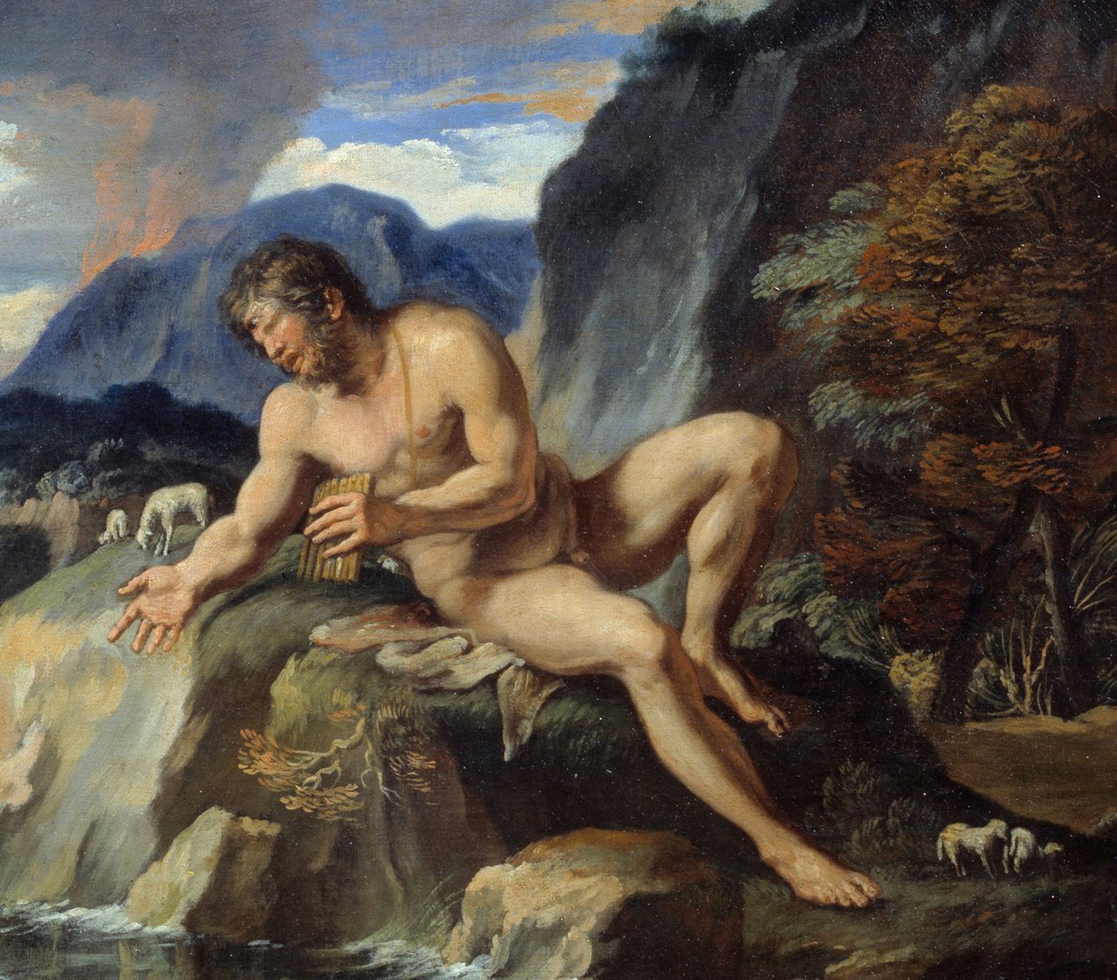 Polypheme kyklopene med en panfløyte, detalj av "" Acis and Galatee""" Nymfen Galatee og Acis, blir observert av Cyclops Polypheme, sjalu på deres idylliske kjærlighet. I følge Ovids "Metamorphoses". Maleri av Francois Perrier (1590-1650) 17. ce av Francois Perrier