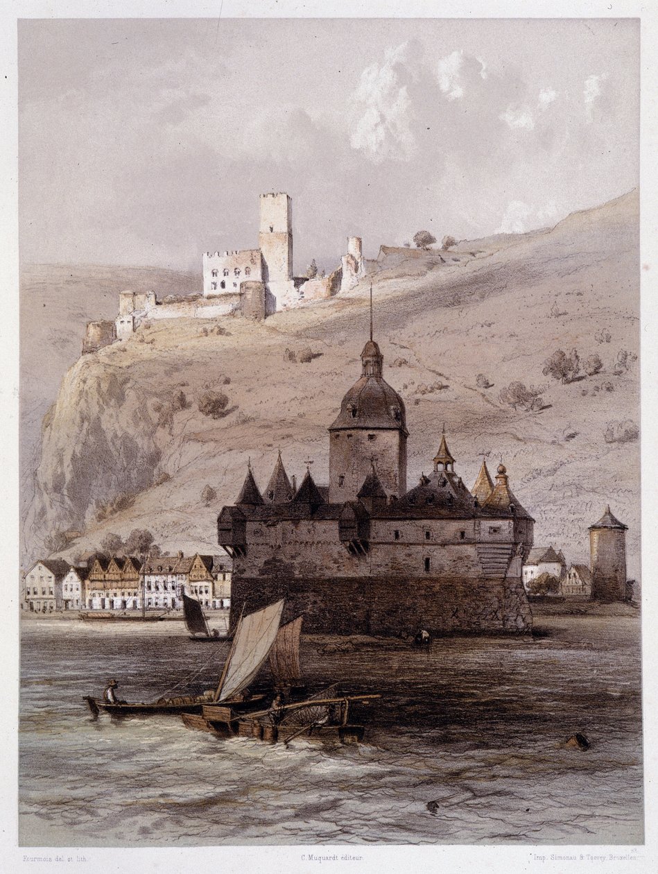 Chateau a Pfalz, Tyskland. I "" Den monumentale og pittoreske Rhinen"". Litografier av Fourmais og Stroobant av Francois Stroobant