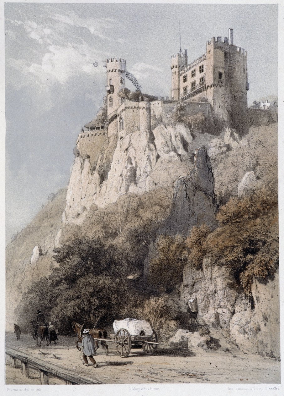 Chateau Rheinstein. I "" Den monumentale og pittoreske Rhinen"". Litografier av Fourmais og Stroobant av Francois Stroobant