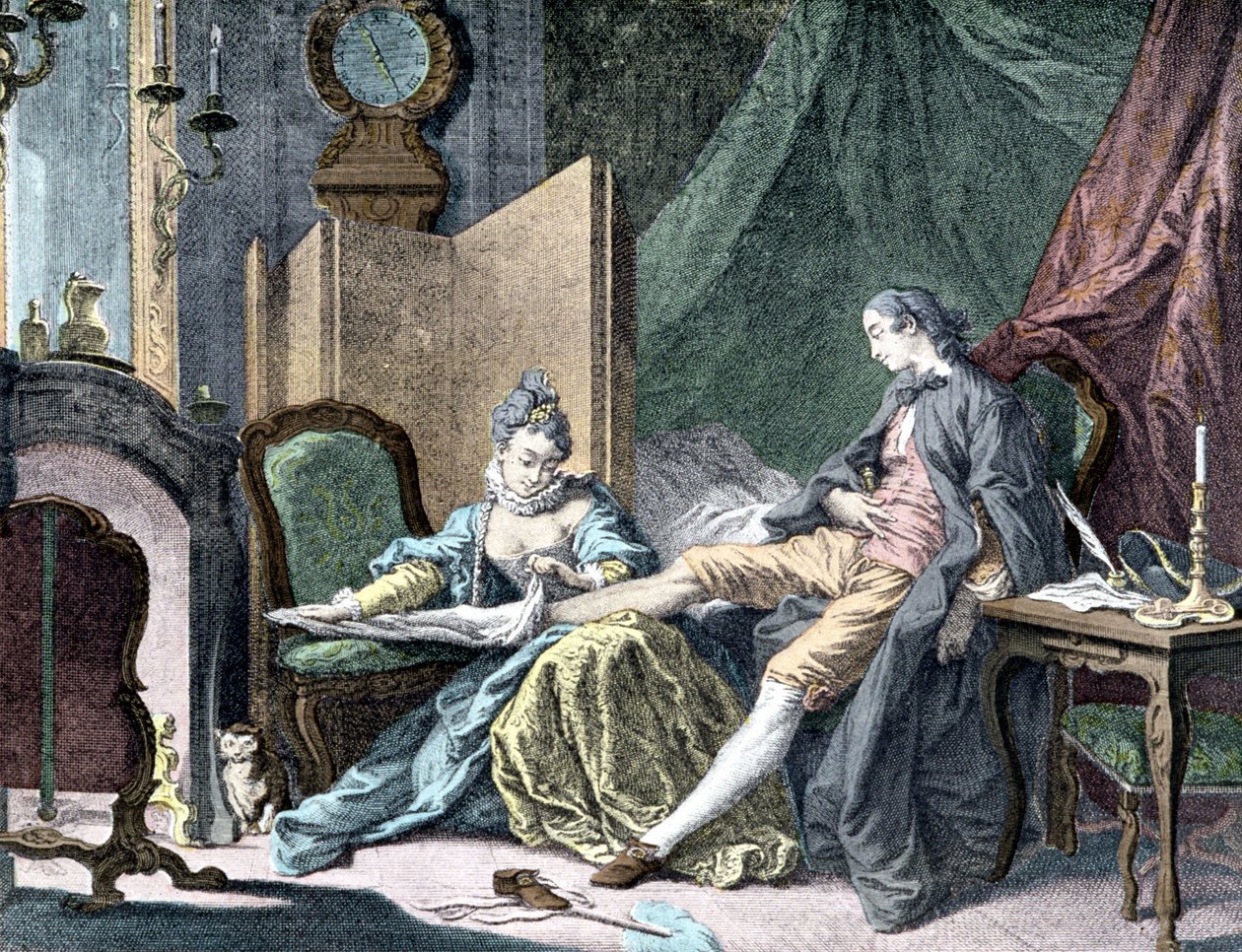 La Courtesan amoureuse: Kvinne fjerner bunnen av en mann - gravering av ap. Slakter av Francois (after) Boucher