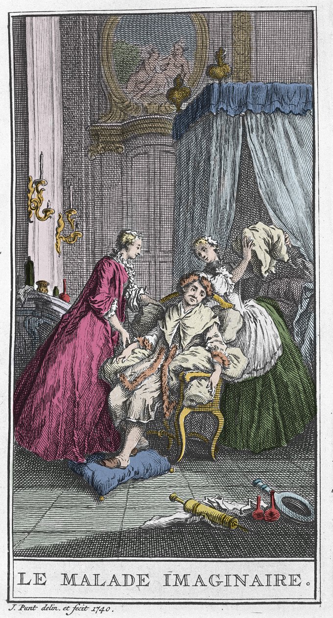 Den imaginære pasienten. Teaterstykke av Jean Baptiste Poquelin dit Moliere (1622-1673). Gravering i «Den imaginære pasienten» av T. de Mare etter Boucher. av Francois (after) Boucher