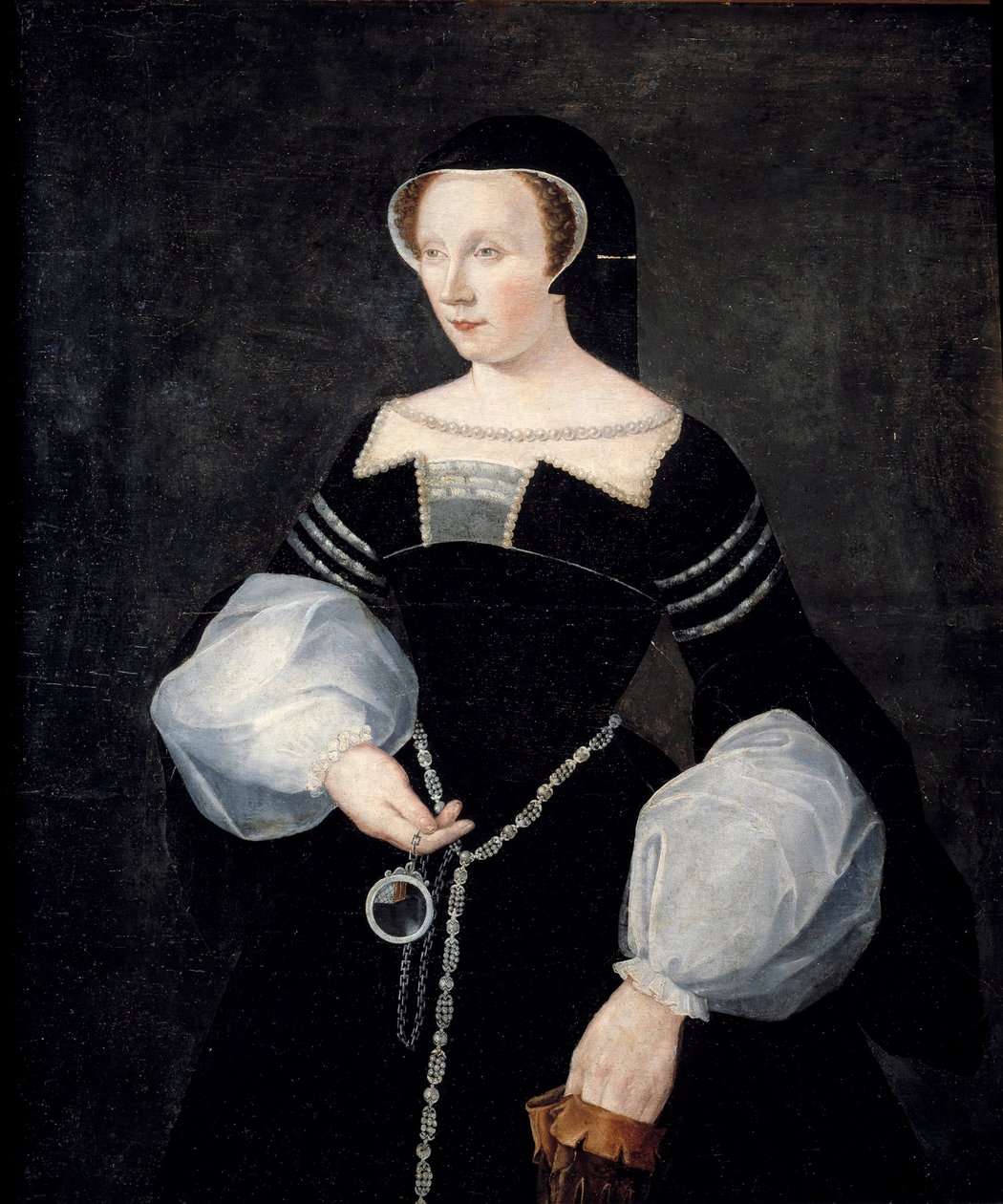 Portrett av Diane de Poitiers, Lady of Breze, hertuginne av Valentinois (1499-1566) - iført sorgen (i enkens drakt) til ektemannen Louis de Breze, som døde i 1531 og holdt et speil i hånden rundt 1550 Maleri av Francois Clouet (ca. 1 av Francois (after) Clouet