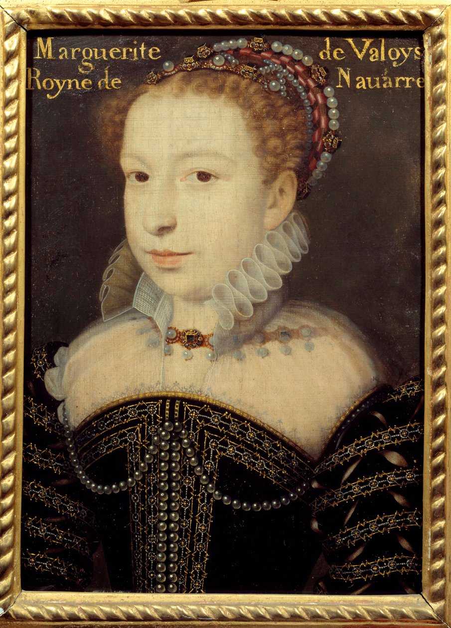 Portrett av Marguerite de Valois (1553-1615) eller dronning Margot-maleri av Francois Clouet (ca. 1515-1572) 1500-talls søn. 0,24 X 0,31 m Chantilly, Musee Conde av Francois (after) Clouet