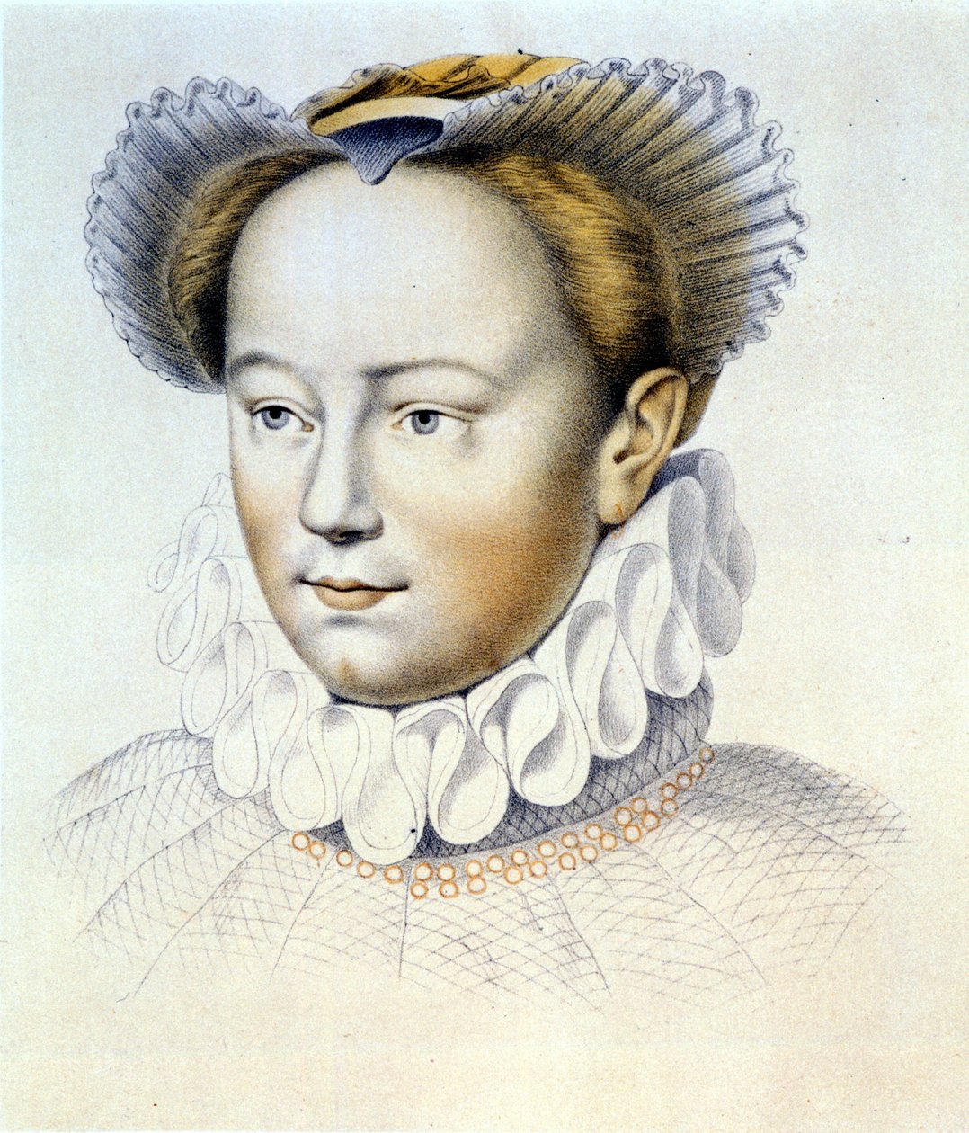 portrett av Marguerite de Valois, kjent som dronning Margot (1553-1615), dronning av Navarre, første kone til Henry IV. fra en original tegning av Clouet. av Francois (after) Clouet