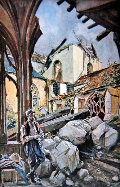 Slaget ved Verdun: Fransk soldat spiser rasjonene sine i et ødelagt kloster av katedralen av Francois (after) Flameng