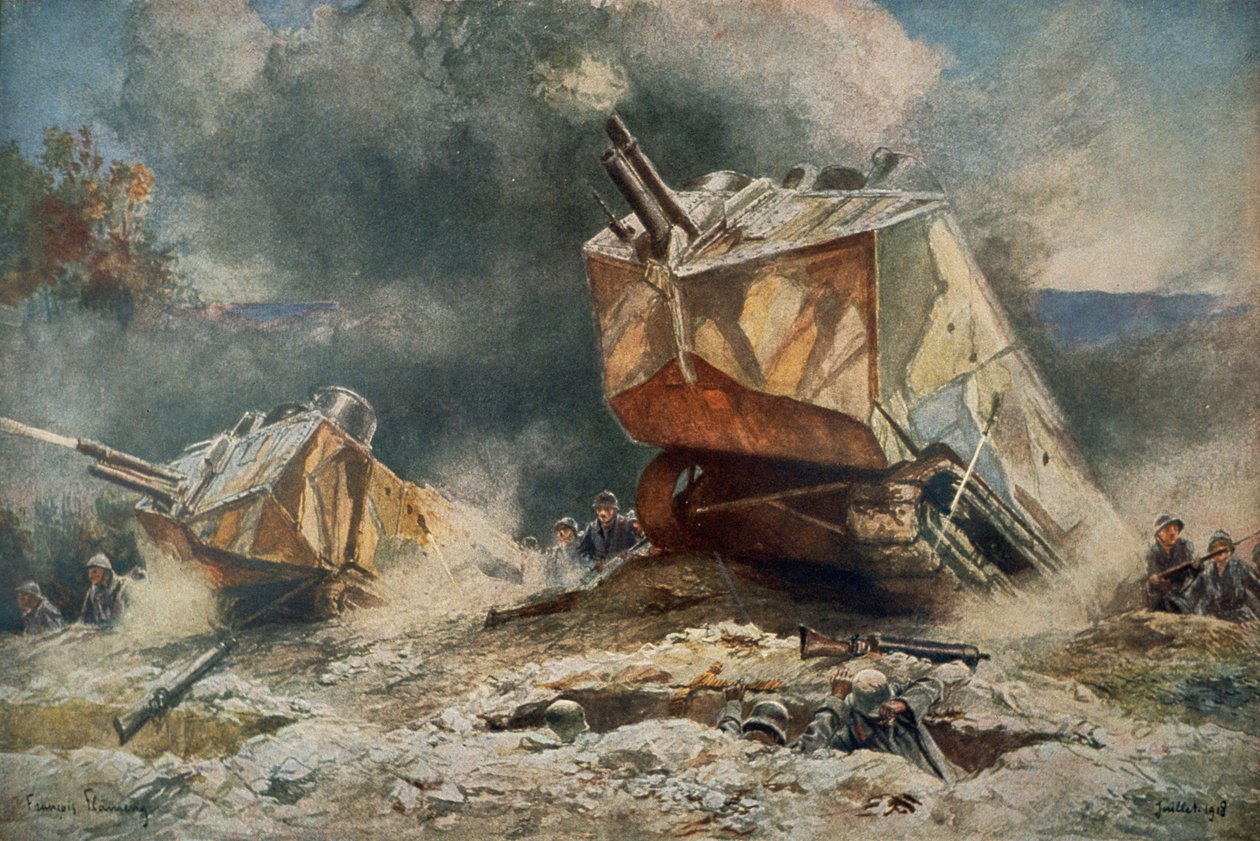 Fransk stridsvogn av typen St Chamond fra første verdenskrig som rykker frem på de tyske stillingene av Francois (after) Flameng