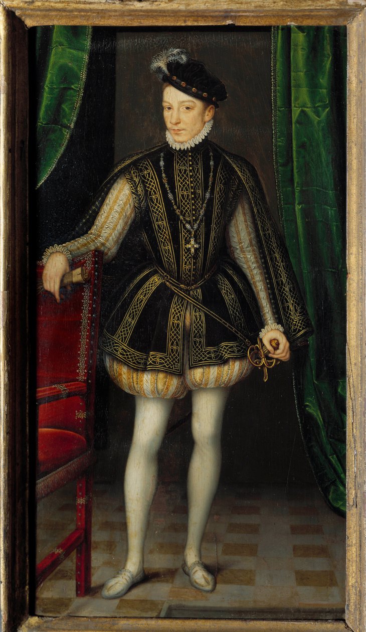 Portrett til fots av Karl IX (1550 - 1574). Maleri av verkstedet til Francois Clouet (1515-1572) av Francois (workshop of) Clouet