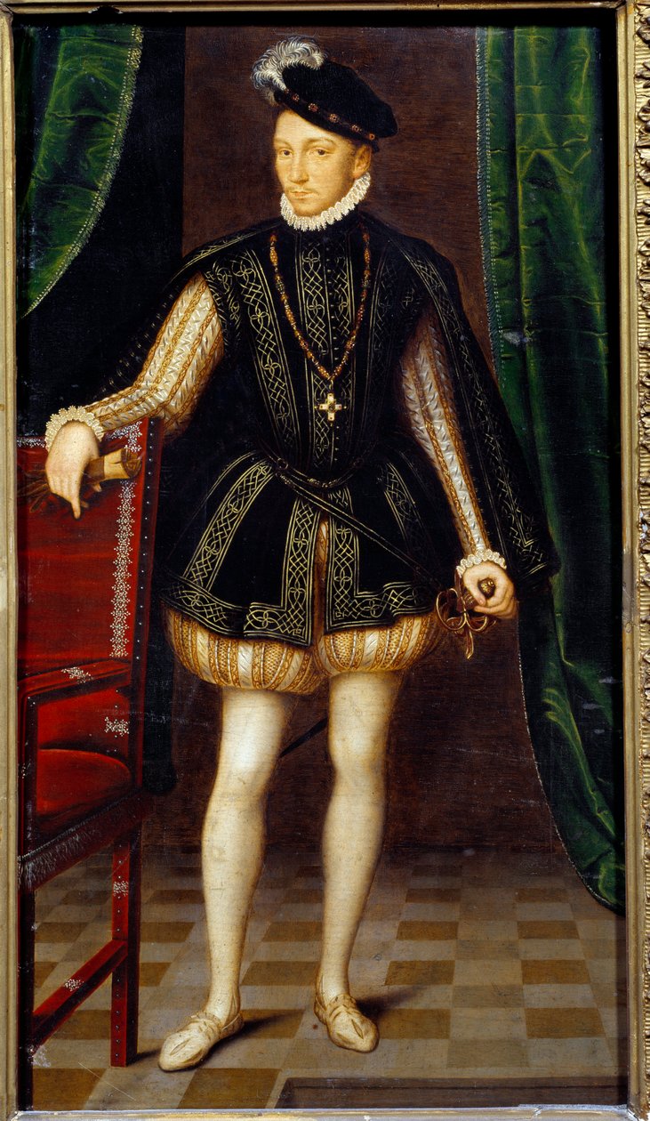 Portrett til fots av Charles IX (1550 - 1574) konge av Frankrike. Maleri av verkstedet til Francois Clouet (1515-1572) av Francois (workshop of) Clouet