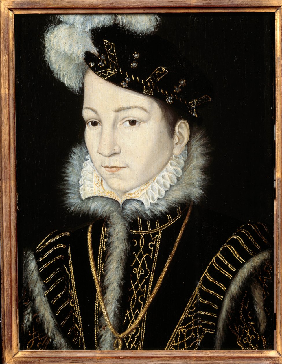 Portrett av Charles IX, konge av Frankrike (1550 - 1574). Atelier de Francois Clouet (1515-1572), v. 1555. Olje på tre. Mål: 0,32 x 0,23m. Olje på tre. - Portrett av Charles IX, konge av Frankrike (1550-1574). Verksted til Francois Clouet (1515-1572), rund av Francois (workshop of) Clouet