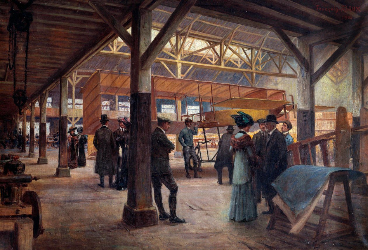 Verksted for brødrene Gabriel og Charles Voisin (1880-1973 og "1882-1912), pionerer innen luftfart, i 1908 på Boulogne Billancourt" (olje på lerret) av Francois Alaux