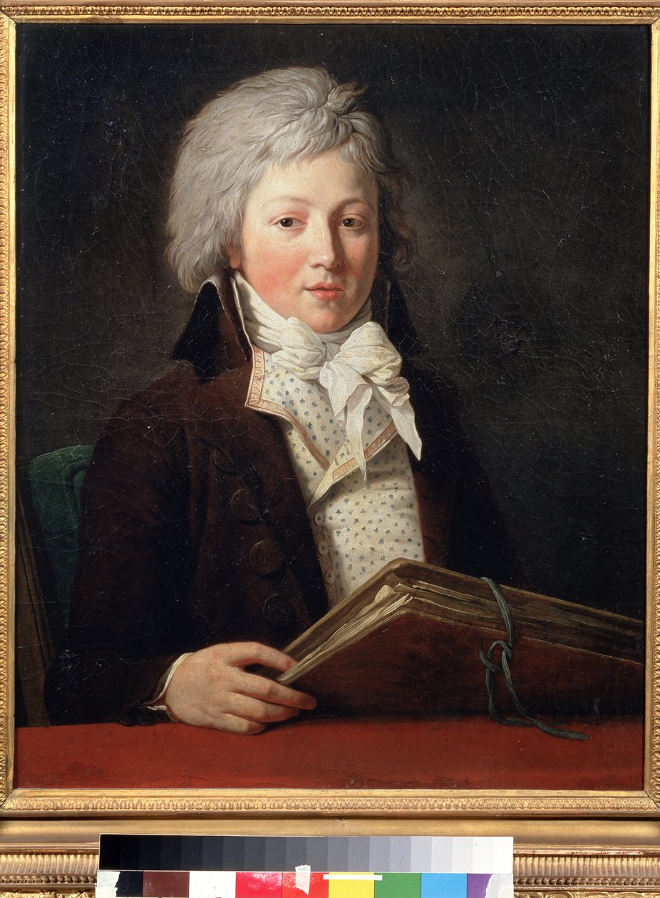 Portrett av en ung mann som holder en mappe med tegninger. Maleri av Francois Andre Vincent (1746-1816). Olje på lerret, 73 x 59 cm av François André Vincent