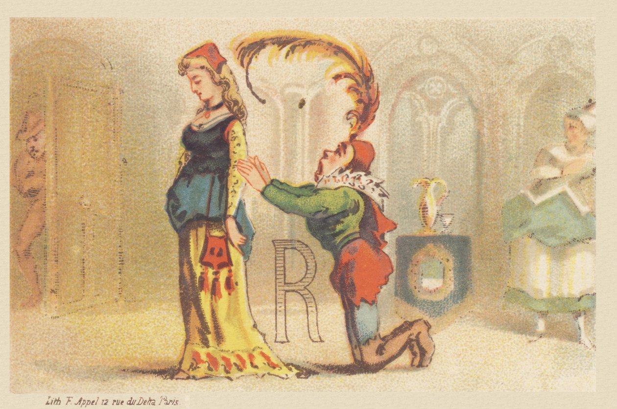 R (bokstav vist av en dame og en betjent på knærne) av Francois Antoine Appel