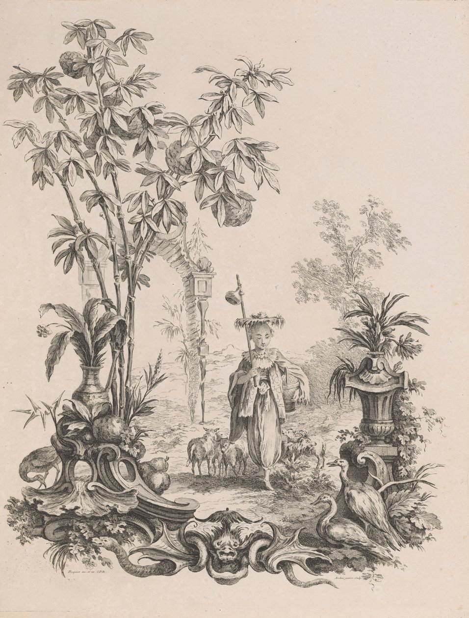 Ung kinesisk jente som går, omgitt av sauene sine, ca.1740-50. av Francois Antoine Aveline