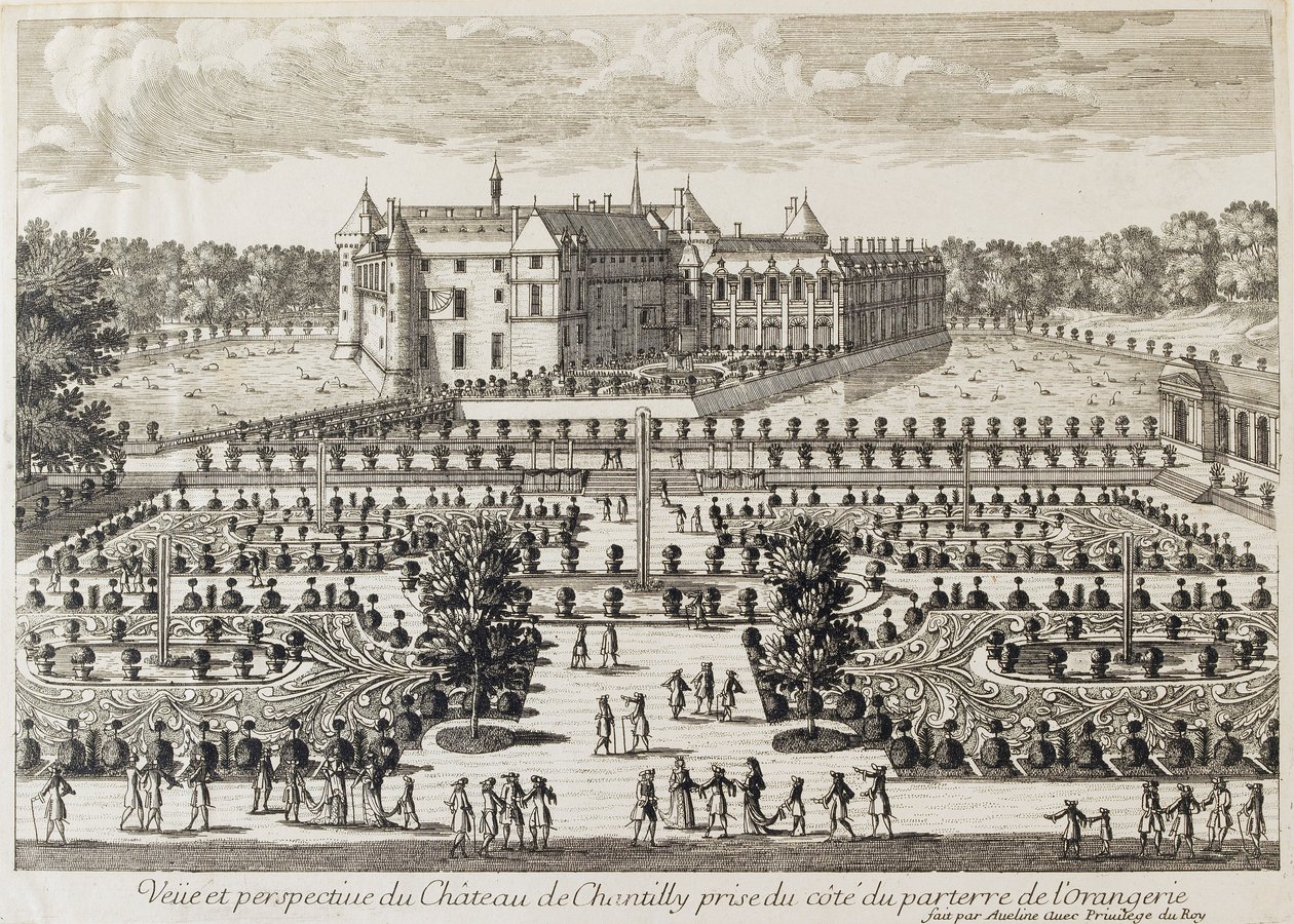 Utsikt over Chateau de Chantilly fra Orangerie, midten av 1700-tallet av Francois Antoine Aveline