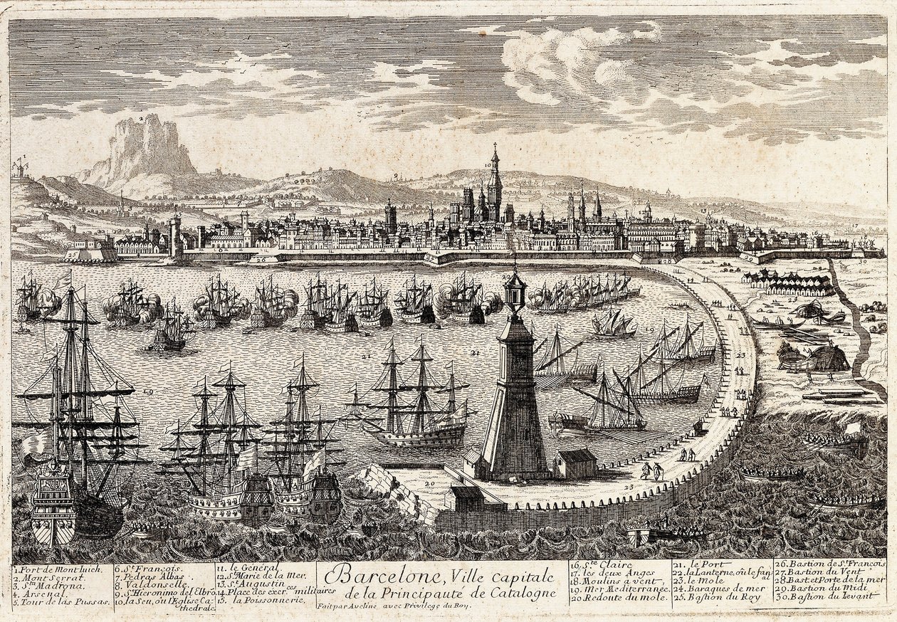 Utsikt over byen og havnen i Barcelona på 1700-tallet. Gravering av Francois Antoine Aveline Barcelona, Museu d