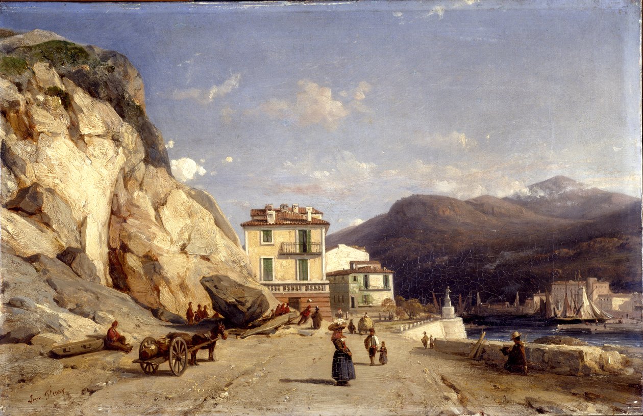 Utsikt over inngangen til havnen, Nice (olje på lerret) av Francois Antoine Leon Fleury
