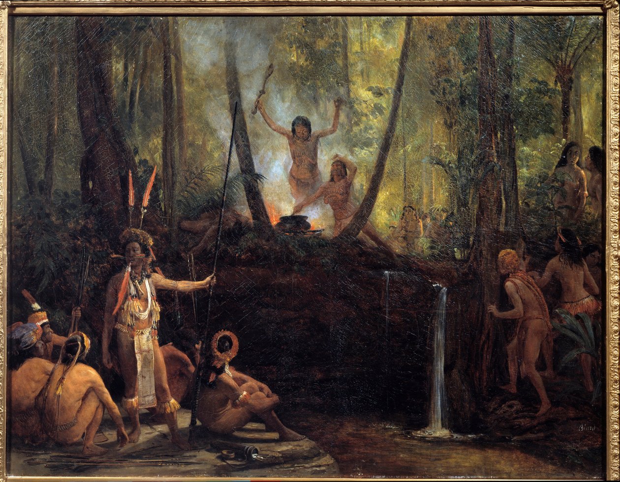 Produksjon av curare i bresilskogen Utvinning av curare, et stoff hentet fra vinrankene til Amazonas-trærne som forårsaker lammelser. Maleri av Francois Auguste Biard (1799-1882) La Rochelle fra 1800-tallet, Musee du Nouveau Monde av François Auguste Biard