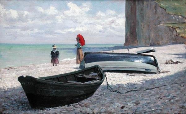 Strandscene ved Fecamp, Nord-Frankrike (olje på panel) av Francois Auguste Didier Clovis