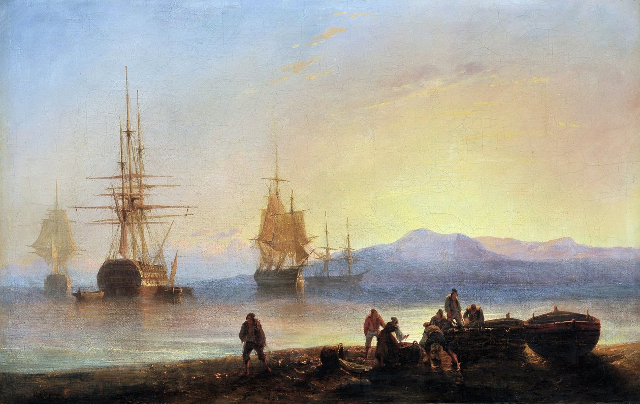 Søstre og skip i Middelhavet. Maleri av Francois Pierre BARRY (1813-1905). Olje på lerret. Mål: 29,5x46cm. Obligatorisk omtale: Collection fondation regards de Provence, Marseille av Francois Barry