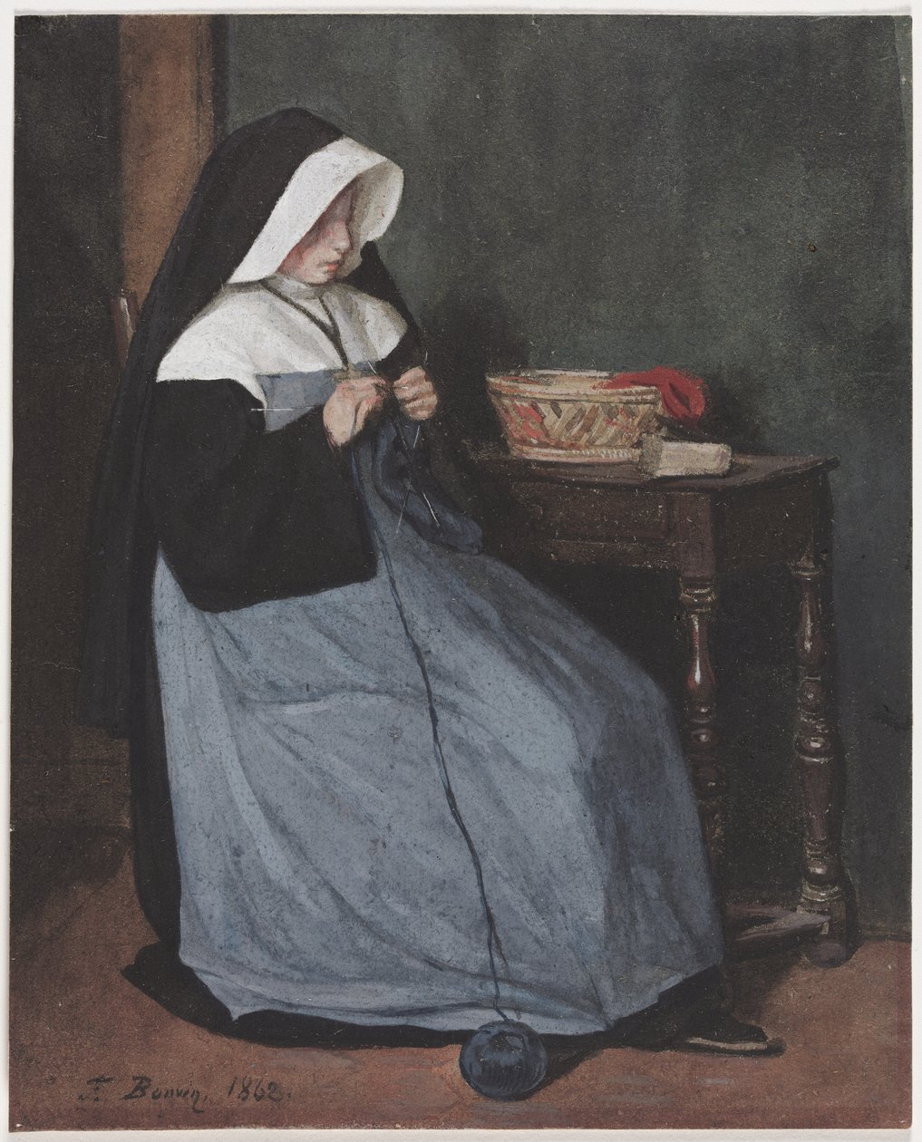 En nonne sitter ved et bord og strikker av François Bonvin