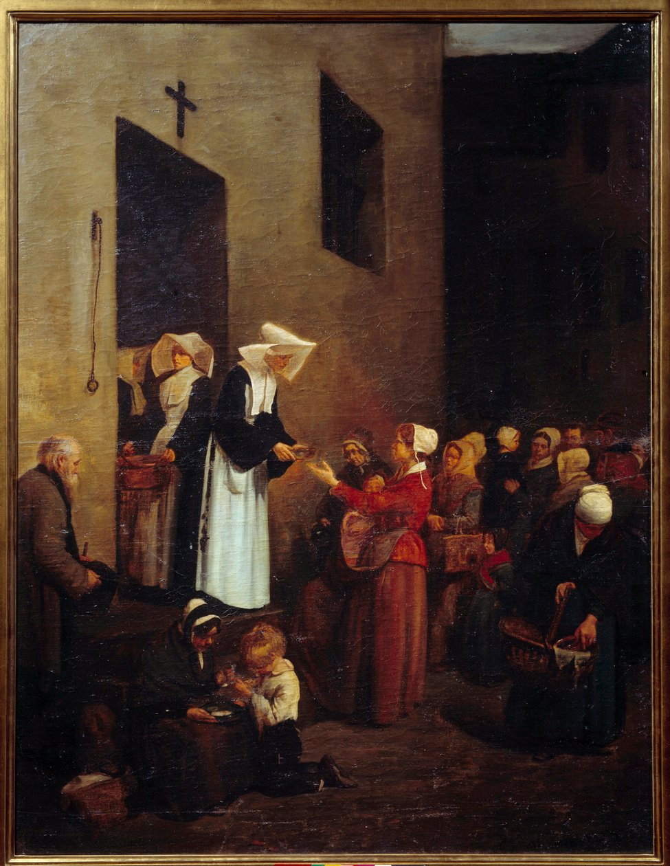 Veldedighet. Nonner deler ut mat til de fattige på gaten. Maleri av Francois Bonvin (1817-1887) av François Bonvin