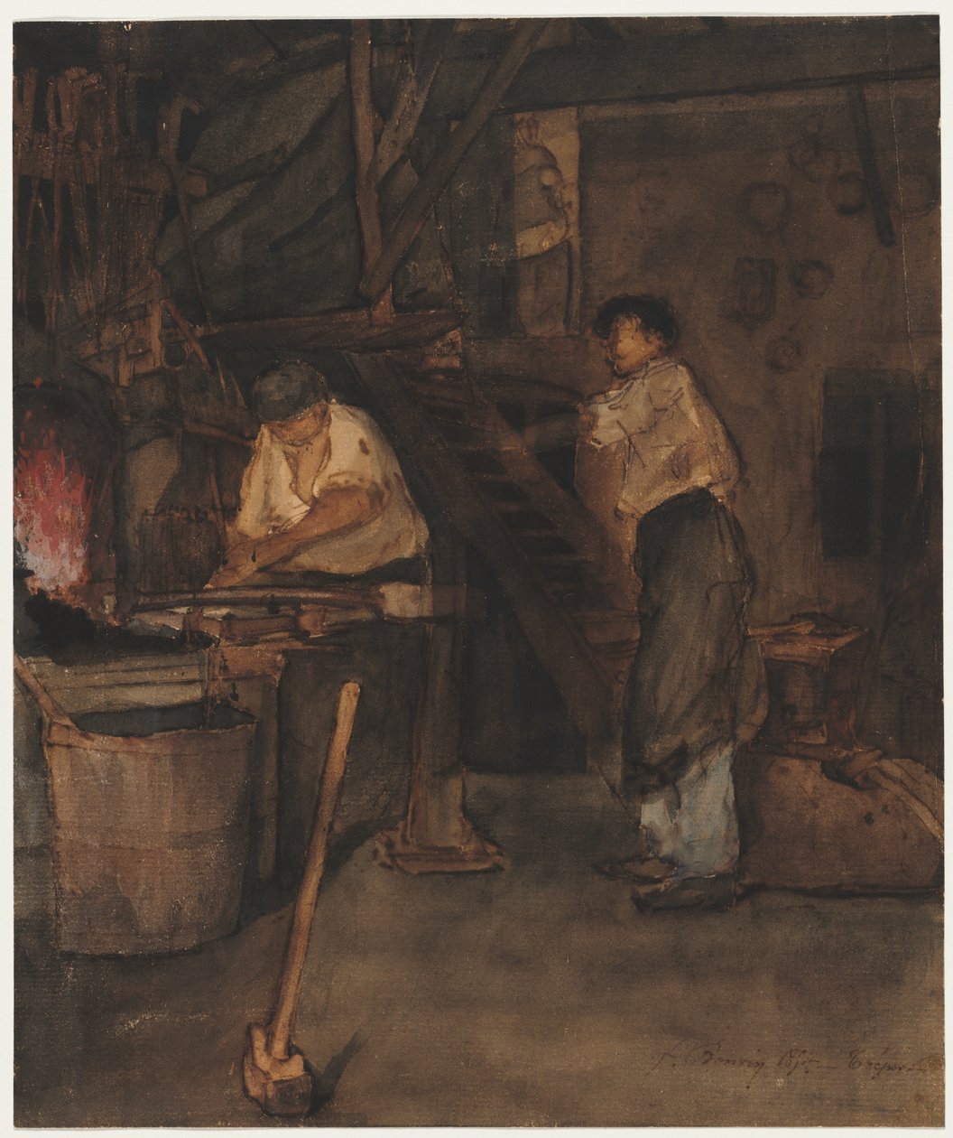 Studie for The Blacksmith's Shop: Remembrance of Le Tréfort av François Bonvin
