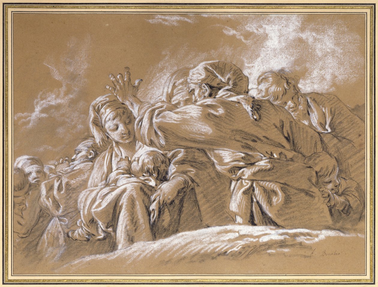 En mor og et barn og andre figurer sett nedenfra (kritt) av François Boucher