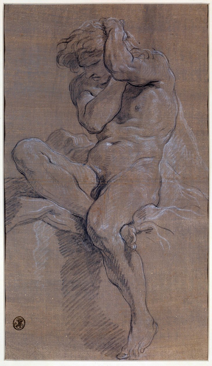 Akademiet for sittende naken mann Tegning i rødt blod av Francois Boucher (1703-1770) Paris fra 1700-tallet, Louvre-museet av François Boucher