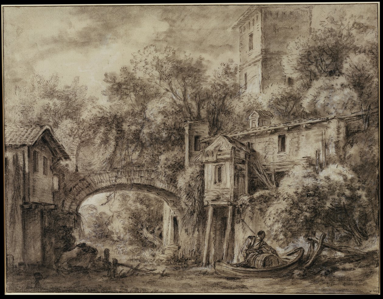 Arkitektonisk kapris med møllen i Quiquengrogne ved Charenton av François Boucher