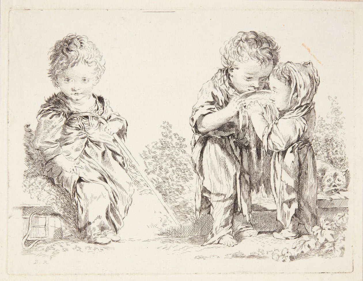 Barn som sitter på en jordklump og De små melkedrikkerne av François Boucher
