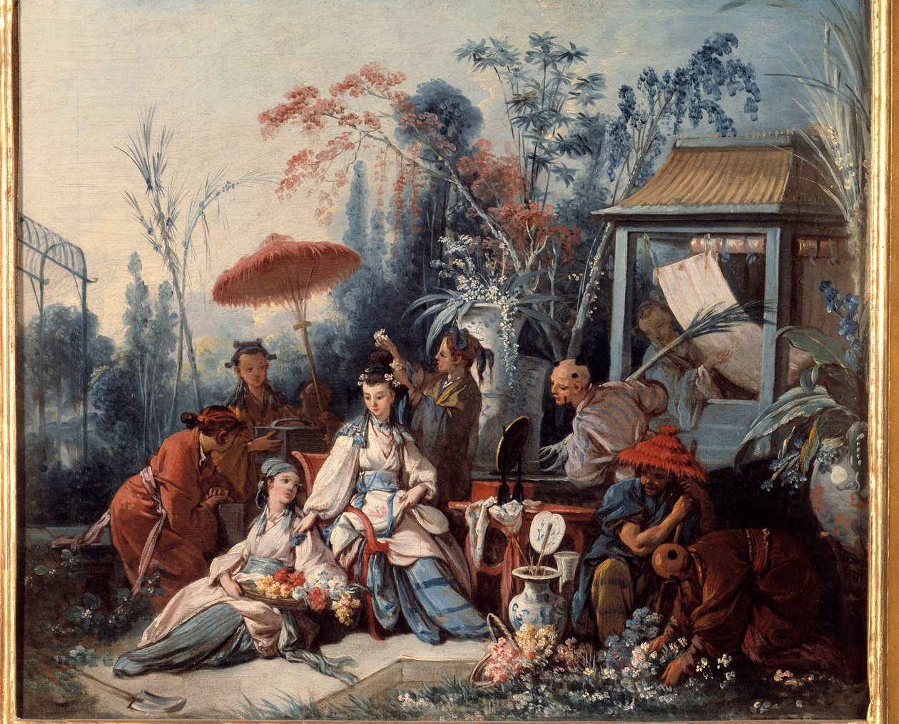 Chinese Garden Scene of Chinoiseries som viser en ung kvinne omgitt av tjenere. Maleri av Francois Boucher (1703-1770) av François Boucher